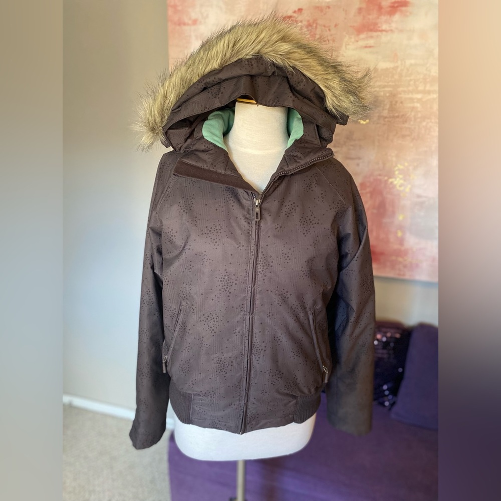 powder room CORE‎ polar fleece snowboarding/ski jacket brown w/faux fur hood Med